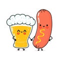 Cute, funny happy glass of beer and sausage with mustard. Vector hand drawn cartoon kawaii characters, illustration icon Royalty Free Stock Photo