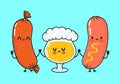 Cute, funny happy glass of beer, sausage and sausage with mustard. Vector hand drawn cartoon kawaii characters Royalty Free Stock Photo