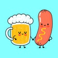Cute, funny happy glass of beer and sausage mustard. Vector hand drawn cartoon kawaii characters, illustration icon Royalty Free Stock Photo