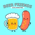 Cute, funny happy glass of beer and sausage mustard. Vector hand drawn cartoon kawaii characters, illustration icon Royalty Free Stock Photo