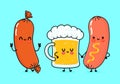 Cute, funny happy glass of beer, sausage and sausage with mustard. Vector hand drawn cartoon kawaii characters Royalty Free Stock Photo