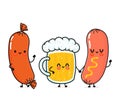 Cute, funny happy glass of beer, sausage and sausage with mustard. Vector hand drawn cartoon kawaii characters Royalty Free Stock Photo