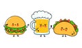 Cute, funny happy glass of beer, taco and hamburger . Vector hand drawn cartoon kawaii characters, illustration icon Royalty Free Stock Photo