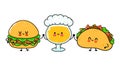 Cute, funny happy glass of beer taco hamburger. Vector hand drawn cartoon kawaii characters, illustration icon. Funny Royalty Free Stock Photo