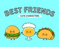 Cute, funny happy glass of beer taco hamburger. Vector hand drawn cartoon kawaii characters, illustration icon. Funny Royalty Free Stock Photo