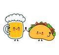 Cute, funny happy glass of beer and taco. Vector hand drawn cartoon kawaii characters, illustration icon. Funny cartoon Royalty Free Stock Photo