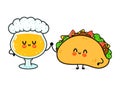 Cute, funny happy glass of beer and taco. Vector hand drawn cartoon kawaii characters, illustration icon. Funny cartoon Royalty Free Stock Photo