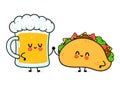 Cute, funny happy glass of beer and taco. Vector hand drawn cartoon kawaii characters, illustration icon. Funny cartoon Royalty Free Stock Photo