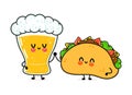 Cute, funny happy glass of beer and taco. Vector hand drawn cartoon kawaii characters, illustration icon. Funny cartoon Royalty Free Stock Photo