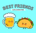 Cute, funny happy glass of beer and taco. Vector hand drawn cartoon kawaii characters, illustration icon. Funny cartoon Royalty Free Stock Photo