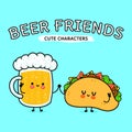 Cute, funny happy glass of beer and taco. Vector hand drawn cartoon kawaii characters, illustration icon. Funny cartoon Royalty Free Stock Photo