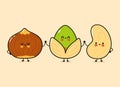 Cute, funny happy hazelnut, pistachio and cashews nut. Vector hand drawn cartoon kawaii characters, illustration icon