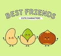 Cute, funny happy hazelnut, pistachio and cashews nut. Vector hand drawn cartoon kawaii characters, illustration icon