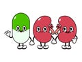 Cute, funny happy kidneys and pill character. Vector hand drawn cartoon kawaii characters, illustration icon. Funny