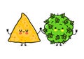 Cute, funny happy nachos and marijuana weed bud character. Vector hand drawn cartoon kawaii characters, illustration