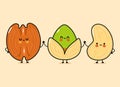 Cute, funny happy pecan, pistachio and cashews nut. Vector hand drawn cartoon kawaii characters, illustration icon. Funny happy