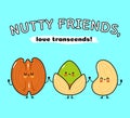 Cute, funny happy pecan, pistachio and cashews nut. Vector hand drawn cartoon kawaii characters, illustration icon