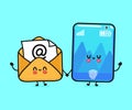 Cute, funny happy smartphone and letter with email. Vector hand drawn cartoon kawaii characters, illustration icon