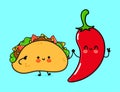 Cute, funny happy taco and chili pepper. Vector hand drawn cartoon kawaii characters, illustration icon. Funny cartoon Royalty Free Stock Photo