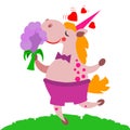 Cute funny and happy unicorn with flower bouquet