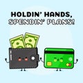 Wallet with money and Credit card character. Vector hand drawn cartoon kawaii characters, illustration icon. Funny