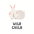 Cute funny hare character, text Wild child