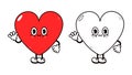 Cute funny heart waving hand character outline cartoon illustration for coloring book. Vector heart hand drawn