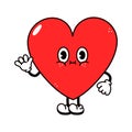 Cute funny heart waving hand character. Vector hand drawn traditional cartoon vintage, retro, kawaii character