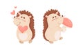 Cute funny hedgehog character activities set. Adorable baby animal with red heart and mushroom cartoon vector Royalty Free Stock Photo