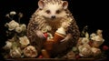 Cute funny hedgehog holds ice cream cone toy in its paws. generative ai