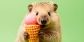 Cute funny hedgehog holds ice cream cone toy in its paws