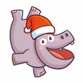 Cute and funny hippo wearing Santa`s hat for christmas, and doing acrobatic pose