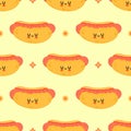 Cute funny hotdog pattern character. Vector hand drawn cartoon kawaii character illustration icon. Isolated on white