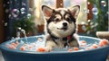 Cute funny Husky puppy bathes in a basin in the bathroom pretty looking design