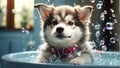 Cute funny Husky puppy bathes in a basin in the bathroom pretty looking hygiene