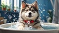 Cute funny Husky puppy cartoon in a basin in the bathroom pretty looking hygiene
