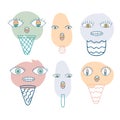 Cute funny ice cream characters with eyes and teeth clipart collection. Perfect for tee, stickers, posters. Cartoon vector Royalty Free Stock Photo