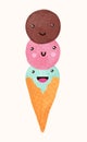 Cute funny ice cream with smile, cartoon character. Waffle cone icecream balls vector