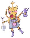 Cute funny illustration cartoon style character alien or yellow snail gardener florist with watering can, shovel and flowers Royalty Free Stock Photo