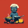 Cartoon cat wearing chef hat and cooking in kitchen with various pots and pans Royalty Free Stock Photo