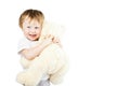 Cute funny infant baby girl with big toy bear