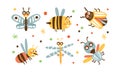 Cute Funny Insects Collection, Adorable Wasp, Colorado Beetle, Dragonfly, Honey Bee Cartoon Vector Illustration Royalty Free Stock Photo