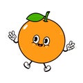 Cute funny jumping orange fruit character. Vector hand drawn traditional cartoon vintage, retro, kawaii character Royalty Free Stock Photo