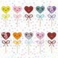 Cute funny kawaii Colorful Sweet Cake pops hearts set with bow , pastel colors on white polka dot background. Vector Royalty Free Stock Photo