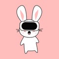 Cute funny kawaii surprised rabbit in the metaverse. Vector flat illustration of a character icon in virtual reality.