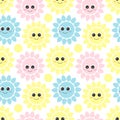 Cute funny kawaii yellow,pink,blue suns with big eyes and smile.Cartoon sunny seamless pattern,isolated on white background.Vector Royalty Free Stock Photo