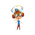 Cute funny kid in fantastic headdress and glasses, scientist boy character working on physics science experiment vector