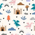 Cute funny kids dragonfly dinosaurs with castle, palm tree, rainbow and clouds seamless pattern. Perfect for kids apparel, fabric Royalty Free Stock Photo