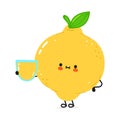 Lemon with glass of juice. Vector hand drawn cartoon kawaii character illustration icon. Isolated on white background Royalty Free Stock Photo