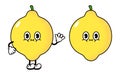 Cute funny Lemon waving hand character. Vector hand drawn traditional cartoon vintage, retro, kawaii character